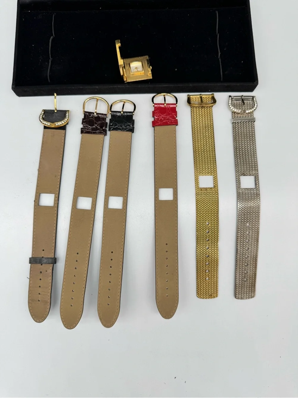 Vintage Interchangeable Watch Set 6 Bands, Crystal Square Face, Gold Tone Watch